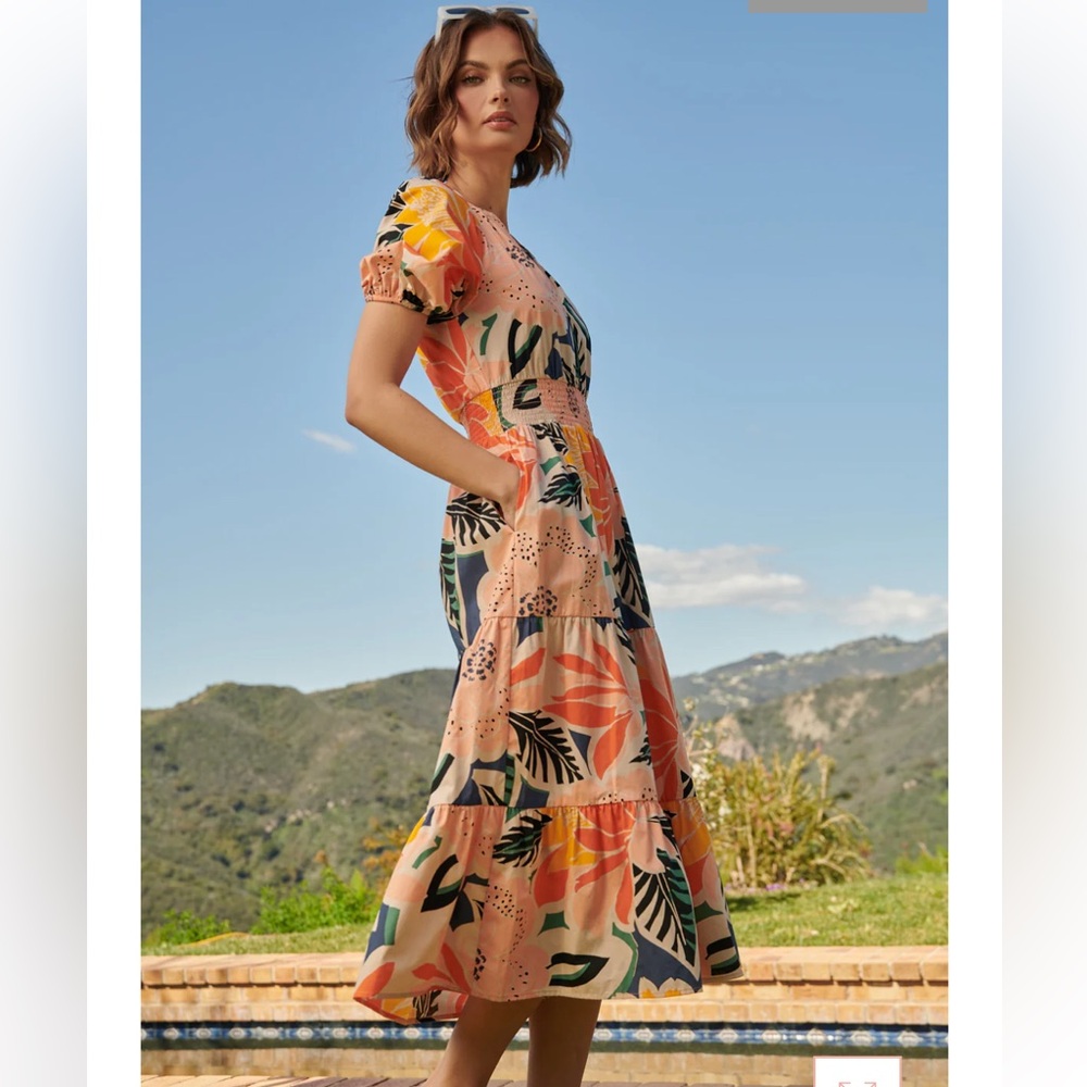 Sugarlips Orange Blossom Hacienda Puff Sleeve MIdi Dress